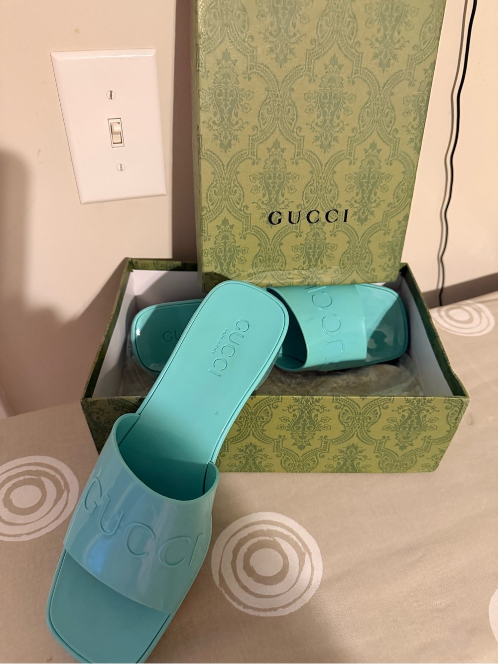 Gucci Turquoise Rubber Slide Mules